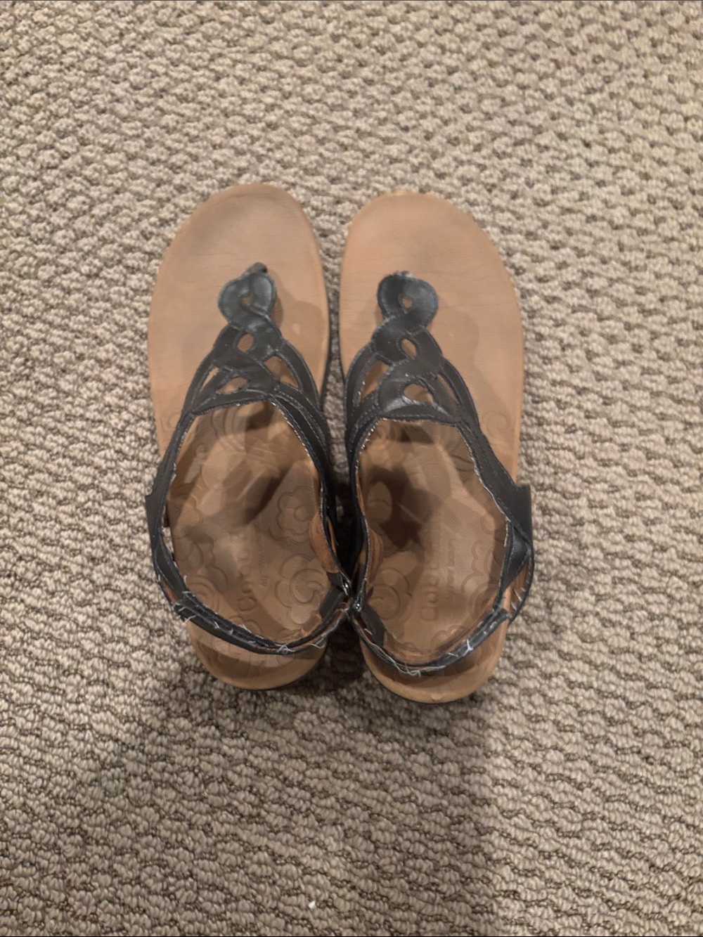 Rockport Black Leather T-Strap Sandals with Tan Footbed